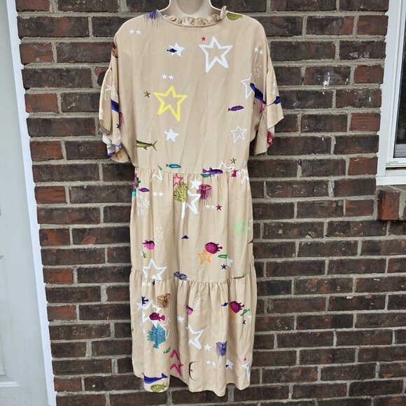 Vilagallo Size 42 Seashell Fish Ocean Dress Beige V-Neck Moby Print M 10 - Picture 2 of 5